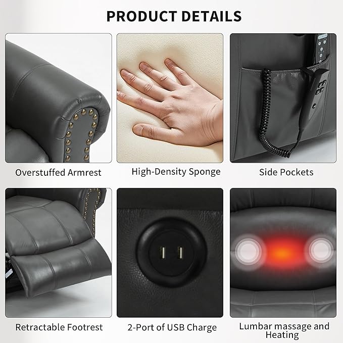 Recliner Chairs for Adults, Oversized Bedroom Chair with Massage, Sofa Chair Home Theater Seating with Lumbar Support, Lift Chair for Elderly, Nursery Chair for Living Room (Breathable Leather)
