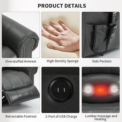 Recliner Chairs for Adults, Oversized Bedroom Chair with Massage, Sofa Chair Home Theater Seating with Lumbar Support, Lift Chair for Elderly, Nursery Chair for Living Room (Breathable Leather)