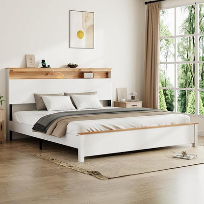 King Bed Frame, Wood Platform Bed Frame with Storage Headboard, Charging Station, Modern Bedframe King Size, 800lbs Capacity, Metal Slat Support, Noise-Free, No Box Spring Needed, White