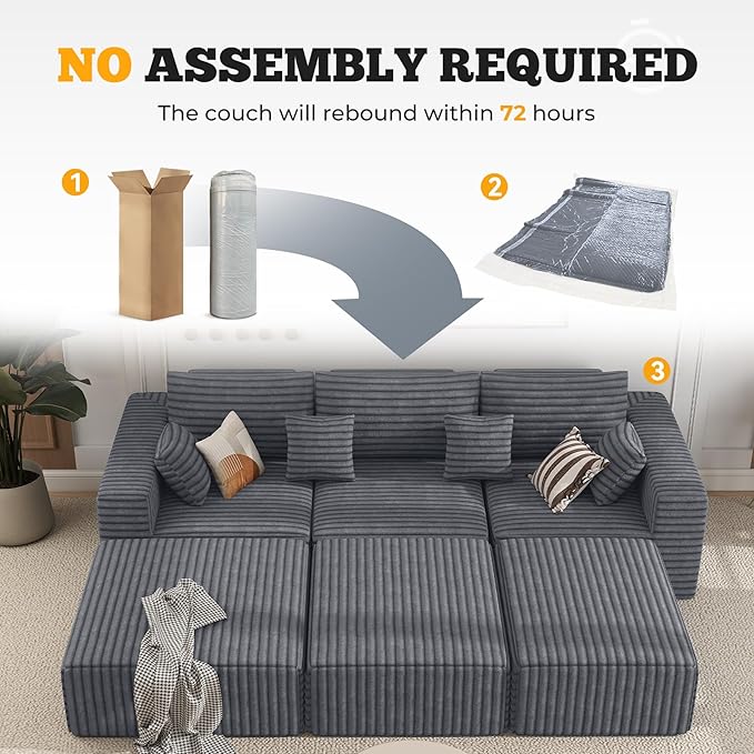 113" Modular Sectional Sofa Bed, Convertible Cloud Couches for Living Room with Ottoman, 6 Seater Corduroy Boneless Couch Sleeper Sofa Set, No Assembly Required, Grey 1 PCS