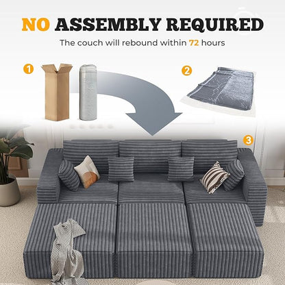 113" Modular Sectional Sofa Bed, Convertible Cloud Couches for Living Room with Ottoman, 6 Seater Corduroy Boneless Couch Sleeper Sofa Set, No Assembly Required, Grey 1 PCS