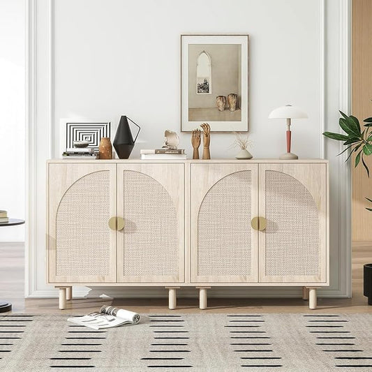Beige Sideboard Cabinet with 2 Rattan Doors, Rattan Buffet Cabinet with Adjustable Shelves & Pine Legs, Boho Sideboard Buffet for Living Room, Kitchen, Entryway (Beige,2 PCS)