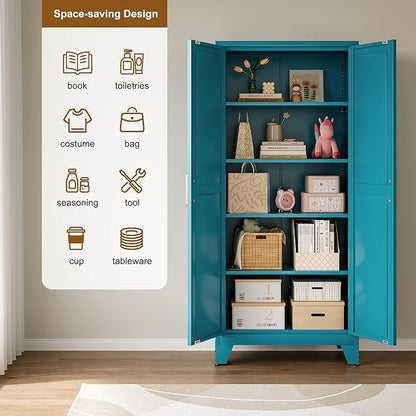 Large Metal Kitchen Pantry Cabinet with Adjustable Shelves - Freestanding Kitchen Storage Cabinet for Dining Room,Livingroom Bathroom, Hallway, Workshop, Office (Blue, 71"- 0 Drawer)