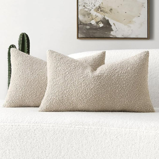 FUTEI Pack of 2 Beige Decorative Throw Pillow Covers 12x20 Inch Soft Cozy Solid Boucle Textured Lumbar Pillow Cases,Modern Home Decor for Couch Bed Living Room