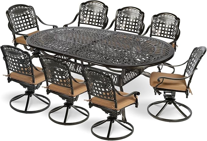 MEETWARM 9-Piece Outdoor Patio Dining Set, All-Weather Cast Aluminum Patio Conversation Set with 8 Cushioned Swivel Rocker Chairs for Backyard Garden Deck, 1 Oval Table, 2" Umbrella Hole