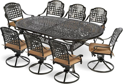MEETWARM 9-Piece Outdoor Patio Dining Set, All-Weather Cast Aluminum Patio Conversation Set with 8 Cushioned Swivel Rocker Chairs for Backyard Garden Deck, 1 Oval Table, 2" Umbrella Hole