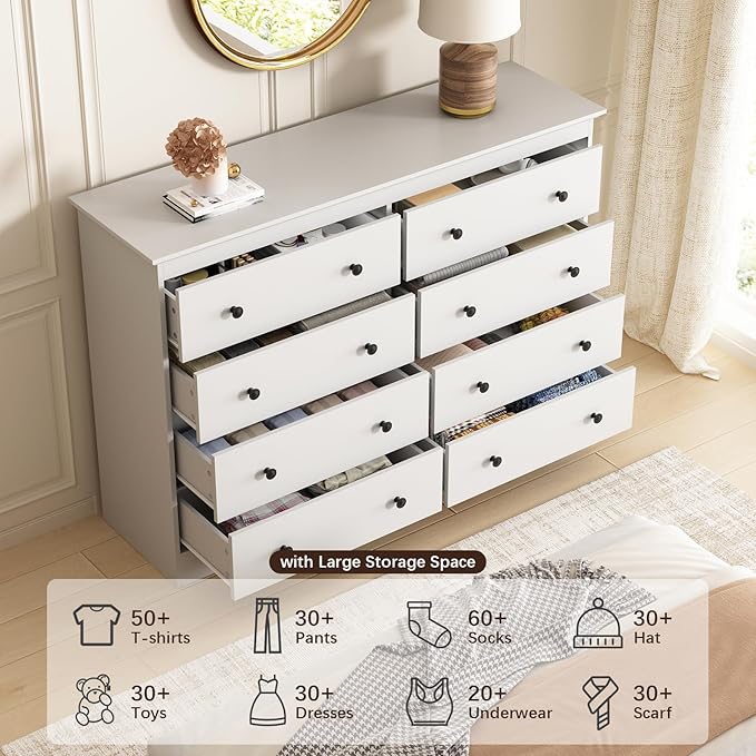 LYNSOM Modern 8 Drawer Dresser, 55.1" Wide Dressers & Chests of Drawers with Large Capacity Storage, Mid Century White Dresser for Bedroom, Hallway, White