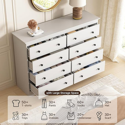 LYNSOM Modern 8 Drawer Dresser, 55.1" Wide Dressers & Chests of Drawers with Large Capacity Storage, Mid Century White Dresser for Bedroom, Hallway, White