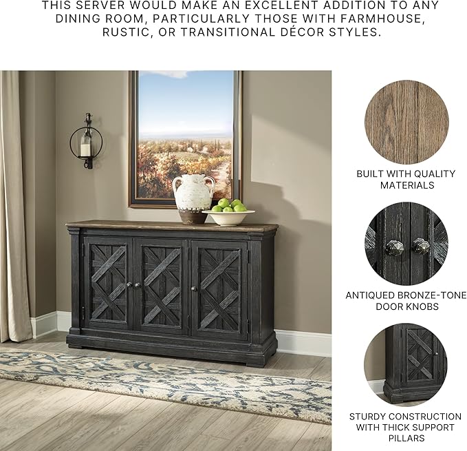 Signature Design by Ashley Tyler Creek Vintage Casual Dining Room Buffet Cabinet or Server with 3 Doors and Lattice Design, Wood, 36" High, Black & Gray