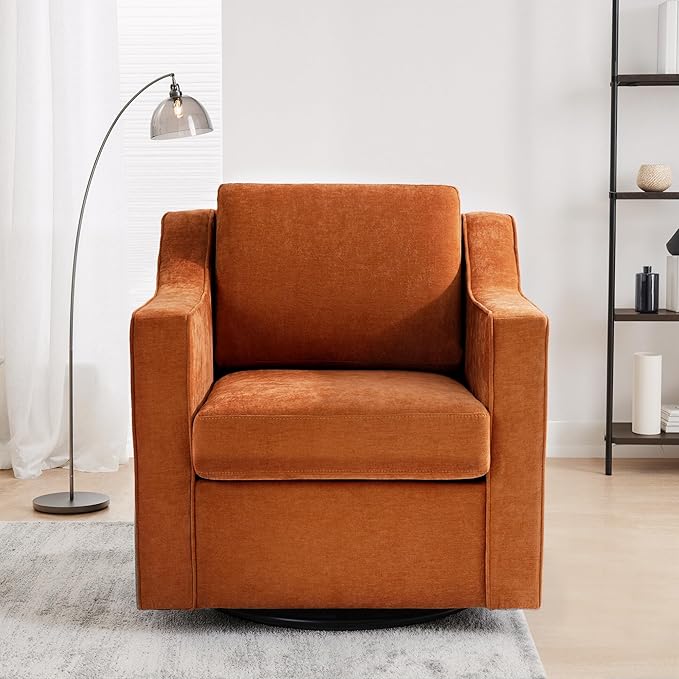 UIXE Swivel Accent Chairs Set of 2, Chenille Upholstered Arm Chair for Living Room, Modern Club Armchair Comfy Single Sofa Bedroom Reading Seat with Lumbar Pillow - Orange