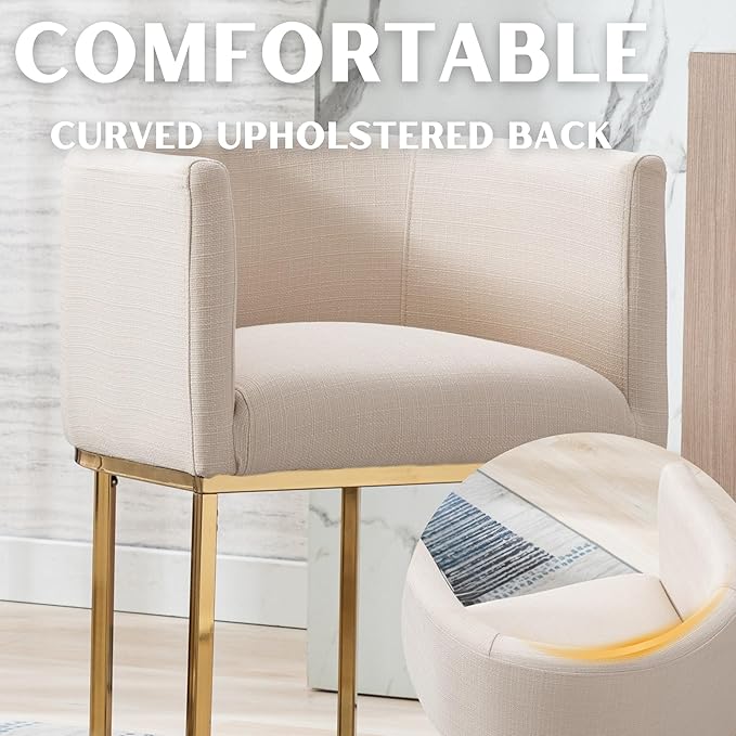Contemporary Cream Linen Bar Stools Set of 3, 24" Upholstered Fabric Counter Height Barstools Kitchen Counter Island Stools with Screwed Together Golden Metal Base