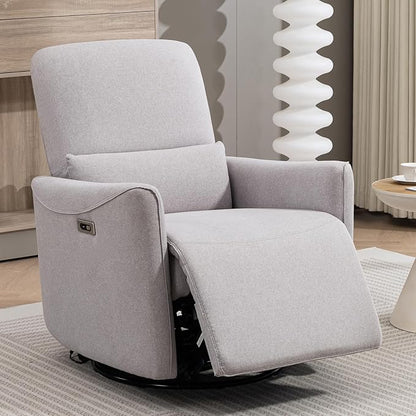 Power Swivel Recliner Chair, Upholstered Fabric Glider Electric Rocking Chair for Adults. Nursery Rocker Single Sofa with Lumbar Support for Living Room. Dual-Port Charging: Type-C&USB, Grey