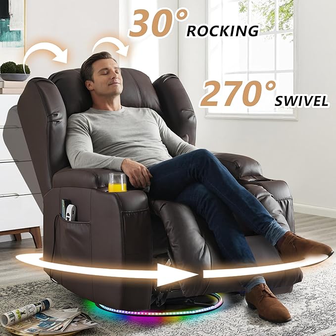 Power Swivel Rocker Recliner Chairs, Electric Wall Hugger Reclining Sofa with Massage & Heat, Comfy Theater Seating Single Chair with LED Light/USB/Type-C Ports (Leather Brown, Set of 2)