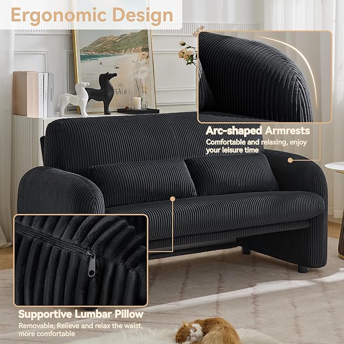 56'' Corduroy Loveseat Sofa, 2 Seater Love Seat Couch for Small Space, Comfy Upholstered Modern Leisure Loveseat Couches with Lumbar Pillows for Bedroom, Office, Living Room, Black