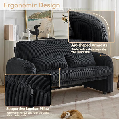 56'' Corduroy Loveseat Sofa, 2 Seater Love Seat Couch for Small Space, Comfy Upholstered Modern Leisure Loveseat Couches with Lumbar Pillows for Bedroom, Office, Living Room, Black