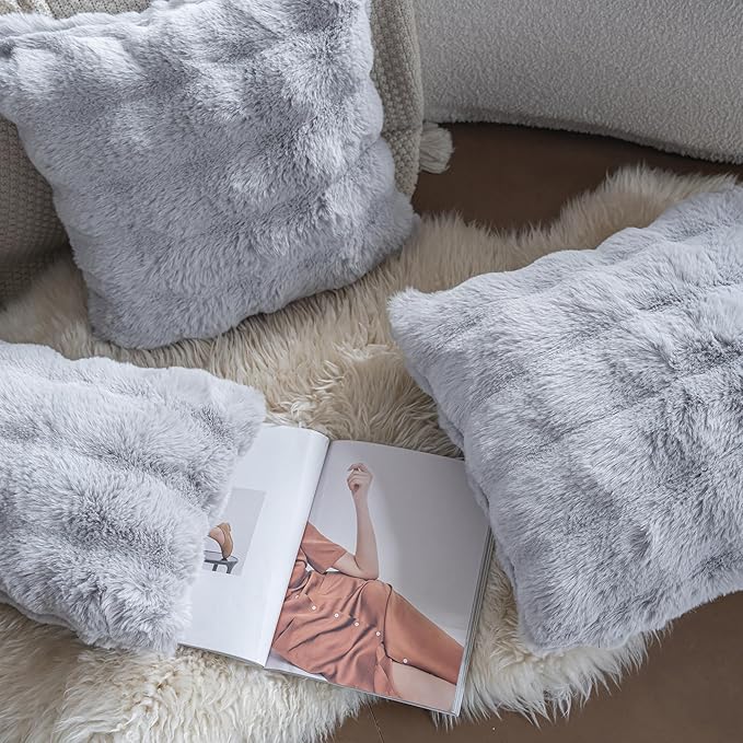Neelvin Gray Faux Fur Cozy Soft Double-Sided Decorative Throw Pillow Covers 22x22 inch Set of 2,Velvet Pillowcase Cushion Case for Sofa Couch
