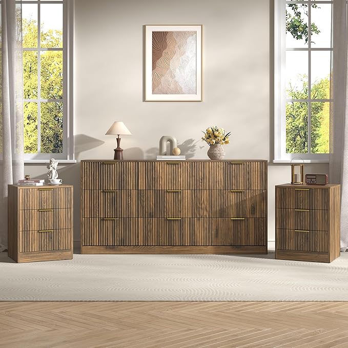 3-Piece Modern Bedroom Furniture Set, Wide 9-Drawer Dresser & 3-Drawer Nightstands Set of 2, Natural Wood Dresser and Nightstand Sets for Bedroom, Hallway, Walnut