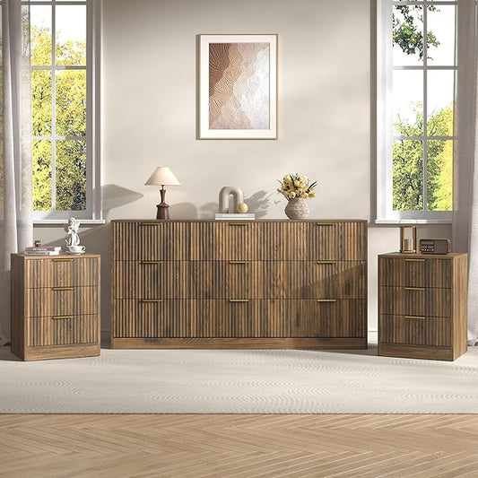 3-Piece Modern Bedroom Furniture Set, Wide 9-Drawer Dresser & 3-Drawer Nightstands Set of 2, Natural Wood Dresser and Nightstand Sets for Bedroom, Hallway, Walnut