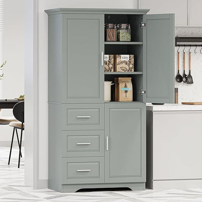 Merax 62.2" Wide Storage Cabinet Pantry Cupboard with Doors and Drawers for Home Kitchen, Bathroom and Living Room, Adjustable Shelf, White