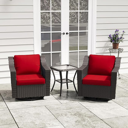 3 Pieces Patio Conversation Furniture Set - 2 Swivel Chairs, 1 Side Table, Outdoor Wicker Rocking Glider Armchairs with Washable and Water-Resistant Cushions for Porch, Balcony (Red)