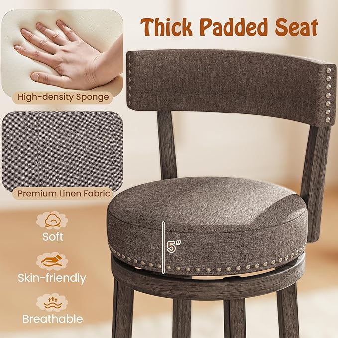 COSTWAY Bar Stools Set of 2, Upholstered Farmhouse Bar stools with Cushioned Seat & Backrest, Solid Wood Legs, Footrest, 31” Bar Height Swivel Stools for Kitchen Island, Pub (2, 31'' Seat Height)