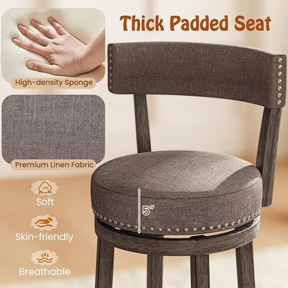 COSTWAY Bar Stools Set of 2, Upholstered Farmhouse Bar stools with Cushioned Seat & Backrest, Solid Wood Legs, Footrest, 31” Bar Height Swivel Stools for Kitchen Island, Pub (2, 31'' Seat Height)