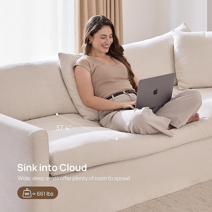 SICOTAS 90.5" Modern Sofa with Deep Seat, Large Down-Filled Cloud Couch with 4 Pillows & Solid Wood Frame, Oversized 3 Seater Sofa Comfy Sleeper Couches for Living Room, Apartment, Beige