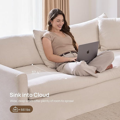 SICOTAS 90.5" Modern Sofa with Deep Seat, Large Down-Filled Cloud Couch with 4 Pillows & Solid Wood Frame, Oversized 3 Seater Sofa Comfy Sleeper Couches for Living Room, Apartment, Beige