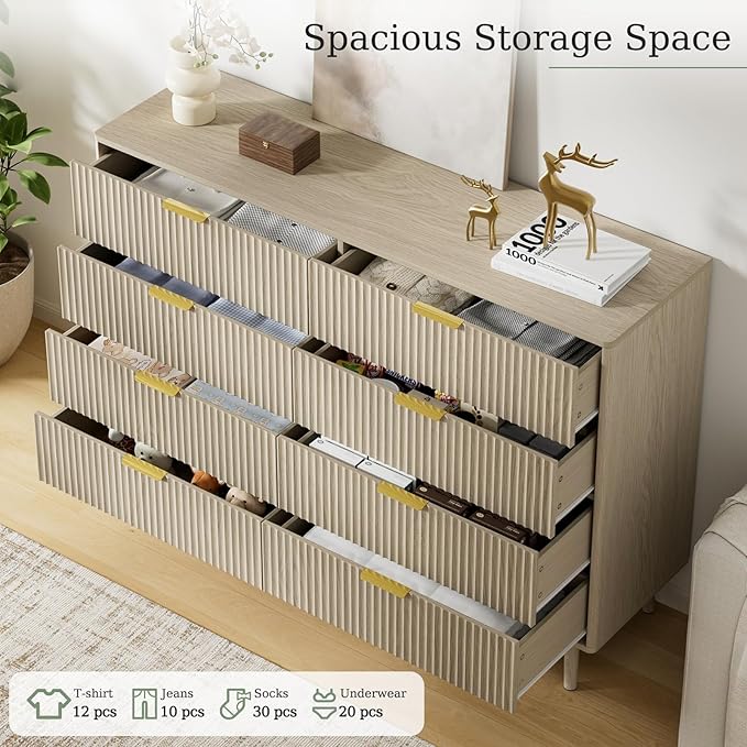 LYNSOM Fluted 8 Drawer Dresser for Bedroom, 55" Wide Modern Chest of Drawers with Curved Profile Design and Metal Handles, Wood Dresser TV Stand & Storage Organizer for Bedroom, Hallway, Beige
