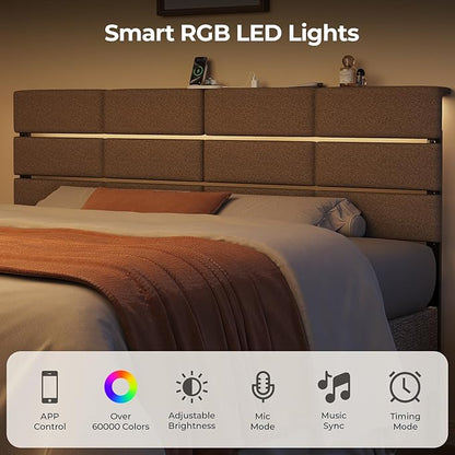 Full/Queen Size Upholstered Headboard, Adjustable Head boards with LED Light & Charging Station, Bed Headboard Only, Attach Frame, Study & Comfortable, Ideal for Bedroom, Dorm, Guest Room, Beige