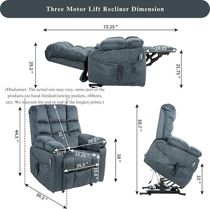 3-Motor Lift Chair with Adjustable Seat Height Zero Gravity Lay Flat Recliner with Heat Massage, Big Man Lift Recliners 400 lbs for Elderly Storage Cup Holders, Tall Man Recliner
