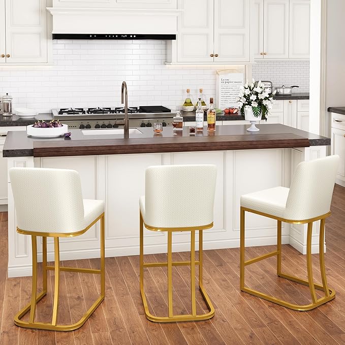 PHI VILLA White and Gold Bar Stools Set of 4, Faux Leather Counter Height Chairs, Kitchen Stools for Island, 24 Inch Barstools with Back