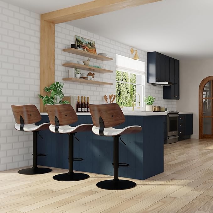 SIMPLIHOME Novak Adjustable Swivel Bar Stool - 33 inch Seat Height Upholstered Metal Chair in White Vegan Faux Leather, Mid Century Seating for Kitchen or Bar with Curved Bentwood Back