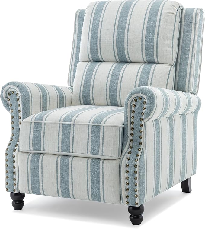 Pushback Recliner Chairs Set of 2, Comfy Fabric Wingback Recliner Chair, Upholstered Armchair Push Back Recliner with Wood Legs, Rivet Trim Accent Chair for Living Room, Bedroom, Blue Stripe