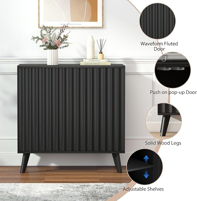 Fluted Sideboard Buffet Cabinet with 2 Doors, Modern Storage Cabinet with Adjustable Shelves, Wood Console Table for Kitchen Dining Living Room Entryway (Black)