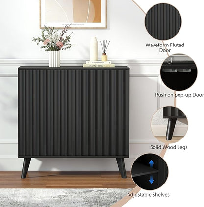 Fluted Sideboard Buffet Cabinet with 2 Doors, Modern Storage Cabinet with Adjustable Shelves, Wood Console Table for Kitchen Dining Living Room Entryway (Black)