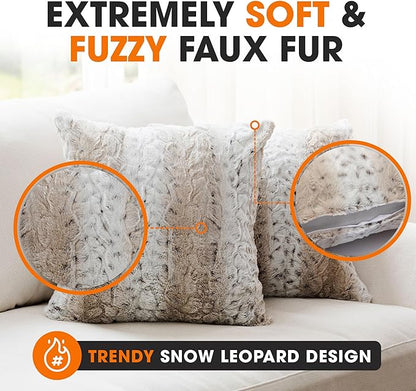Cheer Collection Embossed Faux Fur Throw Pillows - Set of 2 Lumbar Couch Pillows, 22" x 22" - Snow Leopard