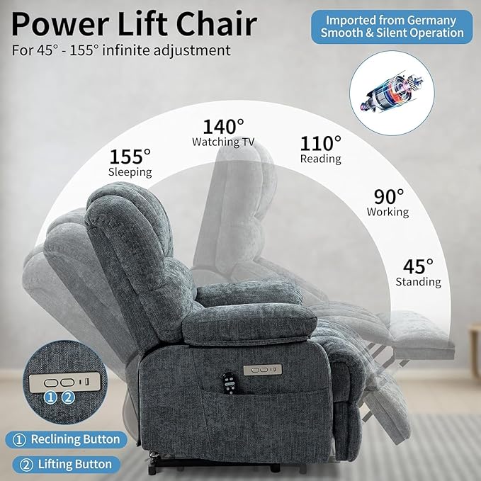 Power Recliner with Vibration Massage & Lumbar Heat, Electric Lift Chairs for Elderly, High Back Reclining Max 155 Degree with Charging Ports, Chenille Fabric Blue Gray