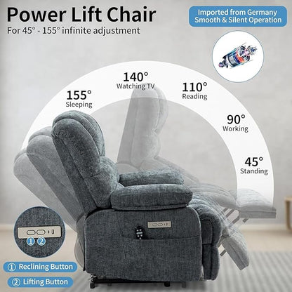 Power Recliner with Vibration Massage & Lumbar Heat, Electric Lift Chairs for Elderly, High Back Reclining Max 155 Degree with Charging Ports, Chenille Fabric Blue Gray
