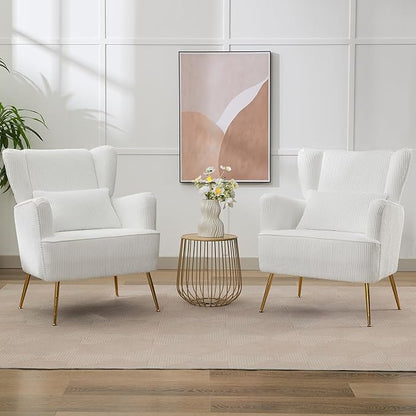 Living Room Chairs Corduroy Accent Armchair with Lumbar Pillow & Gold Leg, 8.5" Thick Cushion, Mid Century Modern High Wingback Bedroom Chairs Upholstered Comfy Sofa Arm Chair, White
