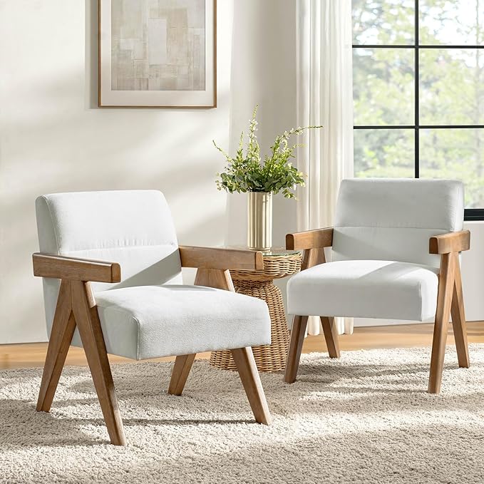 HULALA HOME Modern Accent Chair, Upholstered Arm Chair with Solid Wood Frame, Comfortable Padded Seat and Back, for Living Room, Bedroom Set of 2, Ivory
