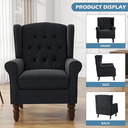 UIXE High Back Accent Chair, Fabric Upholstered Armchair Wingback Club Chair for Living Room, Comfy Single Sofa Bedroom Retro Reading Seat with Solid Wood Legs - Brown