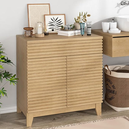 Fluted Buffet Cabinet with Storage, Coffee Bar Cabinet with a Drawer, Sideboard Buffet Kitchen Storage Cabinets with Adjustable Shelves for Living Room, Kitchen, Natural Oak