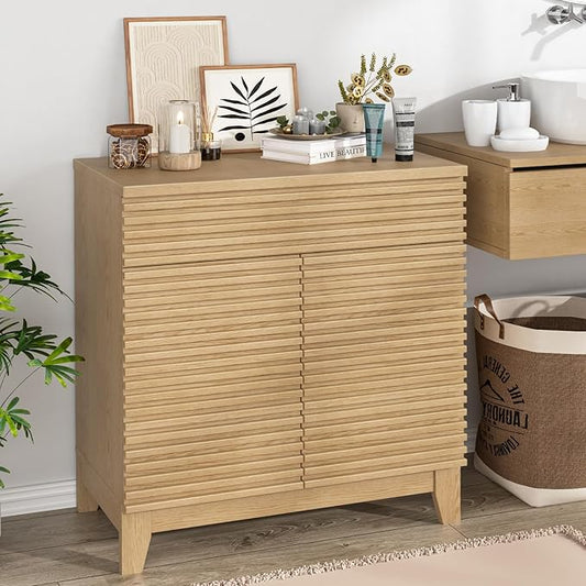 Fluted Buffet Cabinet with Storage, Coffee Bar Cabinet with a Drawer, Sideboard Buffet Kitchen Storage Cabinets with Adjustable Shelves for Living Room, Kitchen, Natural Oak