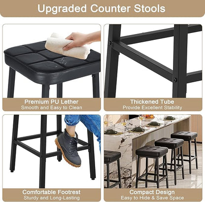 VECELO Modern Counter Height Bar Stools Set of 2, 24" PU Leather Upholstered Counter Stools with Metal Frame, Backless Square BarStools Bar Chairs for Kitchen Island, Black