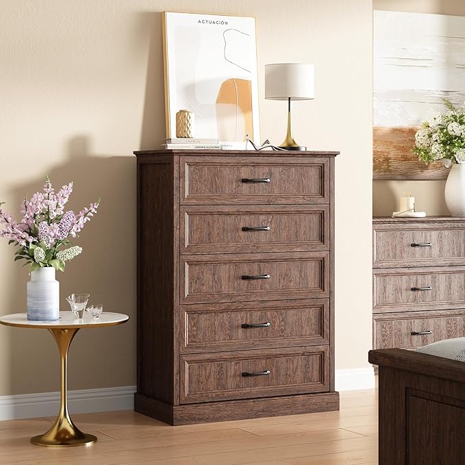 CARPETNAL Farmhouse 5 Drawers Dresser for Bedroom, 44" Tall Brown Dresser Wood Rustic Chest of Drawers with Wide Metal Handle,Natural Texture,Drawer Organizer for Bedroom,Living Room,Hallway