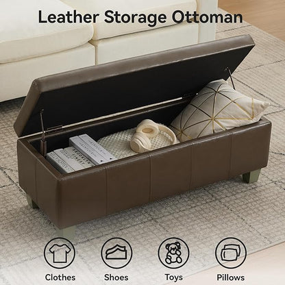 41" Faux Leather Storage Ottoman, Stitch Tufted Rectangle Upholstered End of Bed Storage Bench, Entryway Large Couch Ottoman with Wooden Legs, Coffee