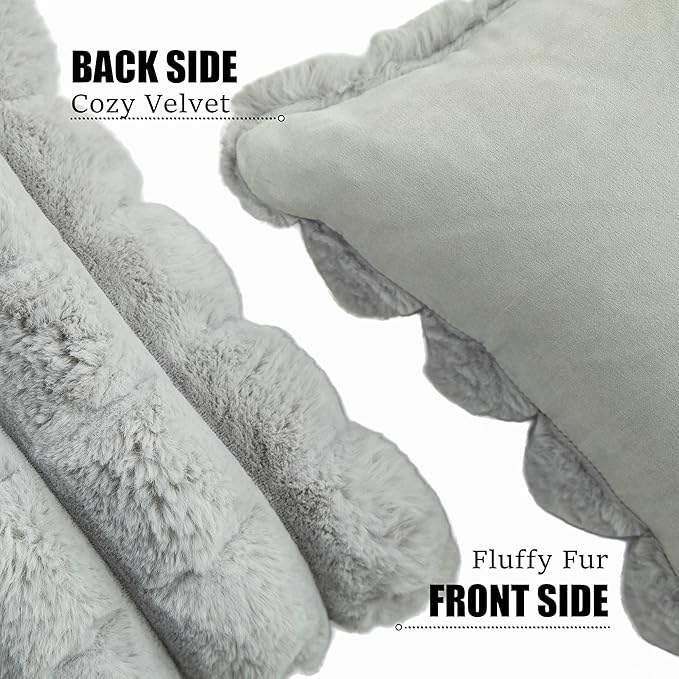 Neelvin Grey Faux Fur Cozy Soft Plaid Decorative Throw Pillow Covers 20x20 inch Set of 2,Velvet Pillowcase Cushion Case for Sofa Couch