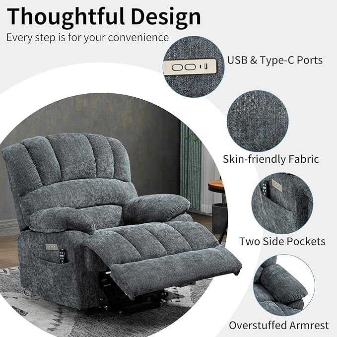 Power Recliner with Vibration Massage & Lumbar Heat, Electric Lift Chairs for Elderly, High Back Reclining Max 155 Degree with Charging Ports, Chenille Fabric Blue Gray