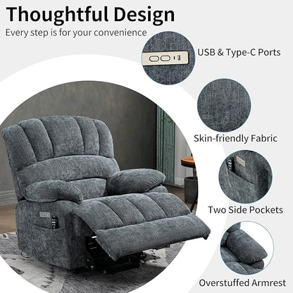 Power Recliner with Vibration Massage & Lumbar Heat, Electric Lift Chairs for Elderly, High Back Reclining Max 155 Degree with Charging Ports, Chenille Fabric Blue Gray
